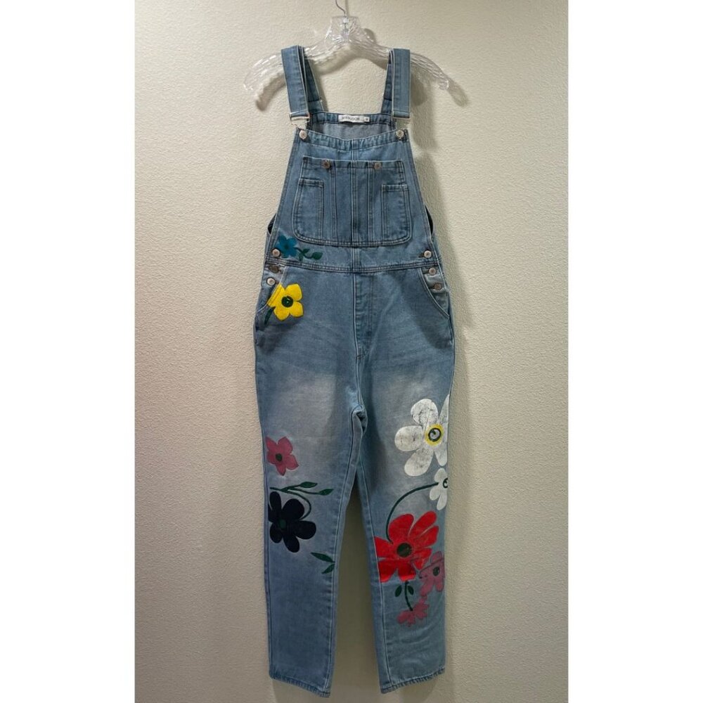 MISSLOOK Bib Overalls Hand Painted Flowers Washed Distressed Denim - M